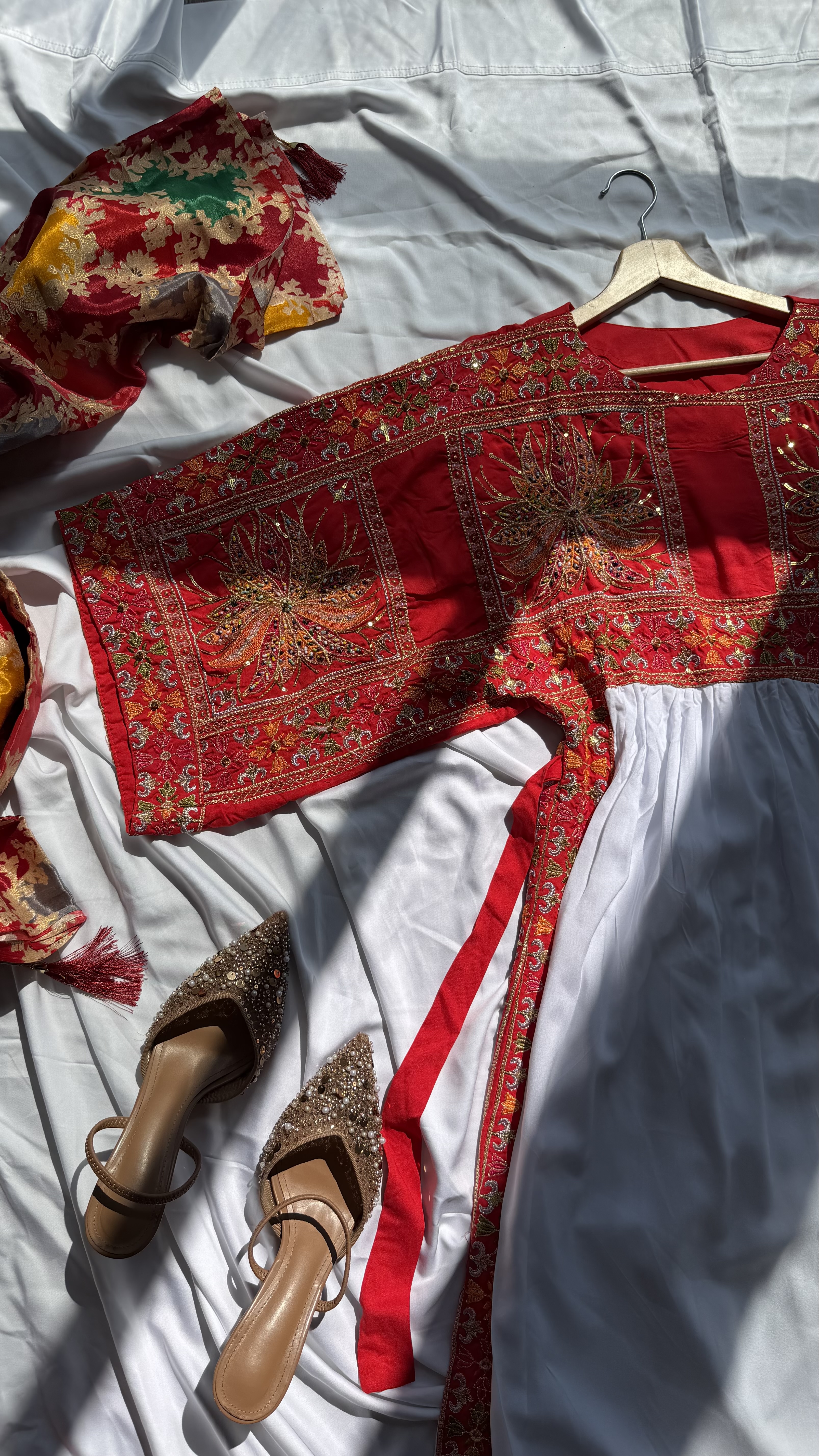 Traditional Crimson Cotton Midi Gown red white embroidery