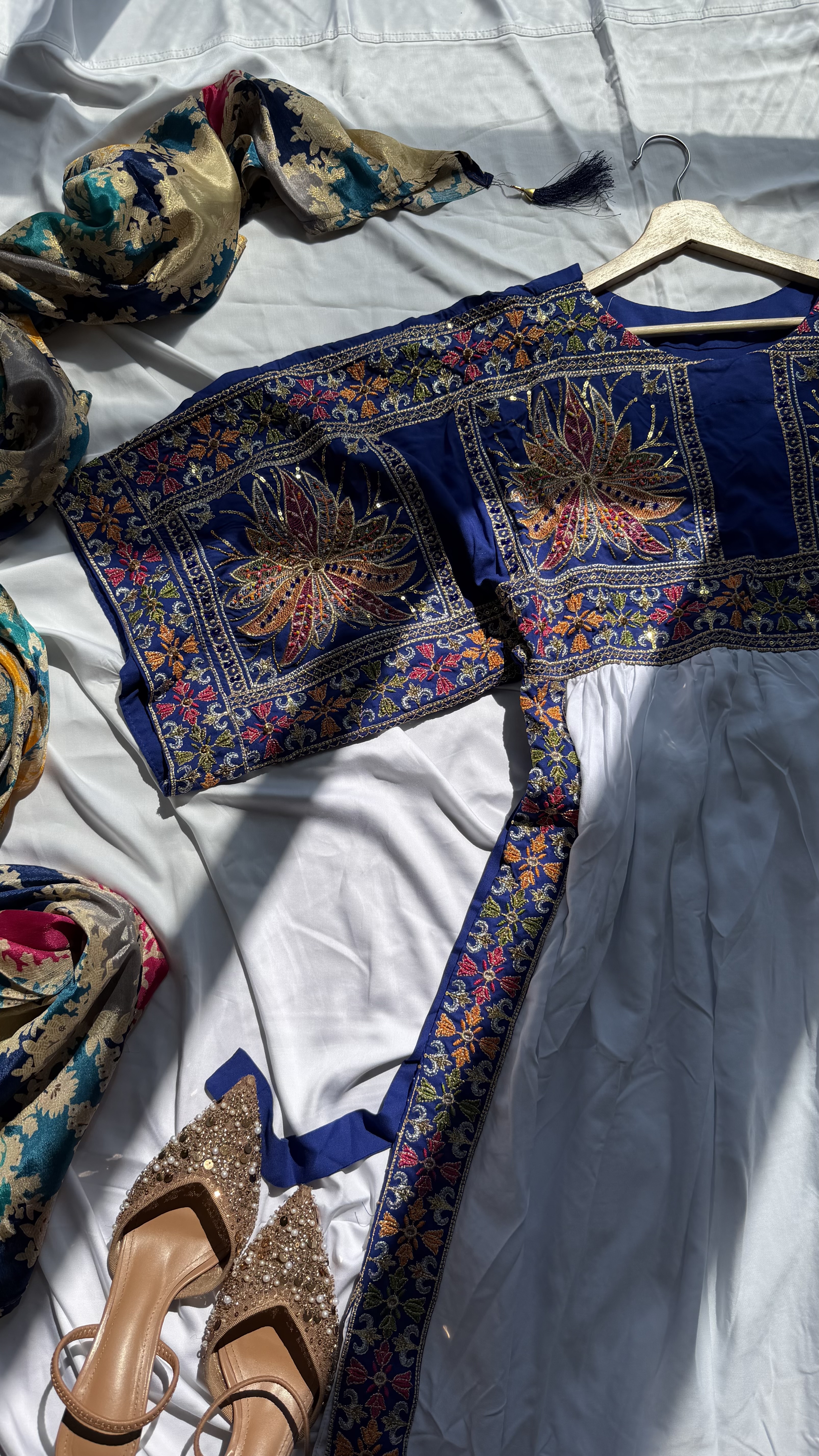 Traditional Mustard-Blue Cotton Midi Gown embroidery