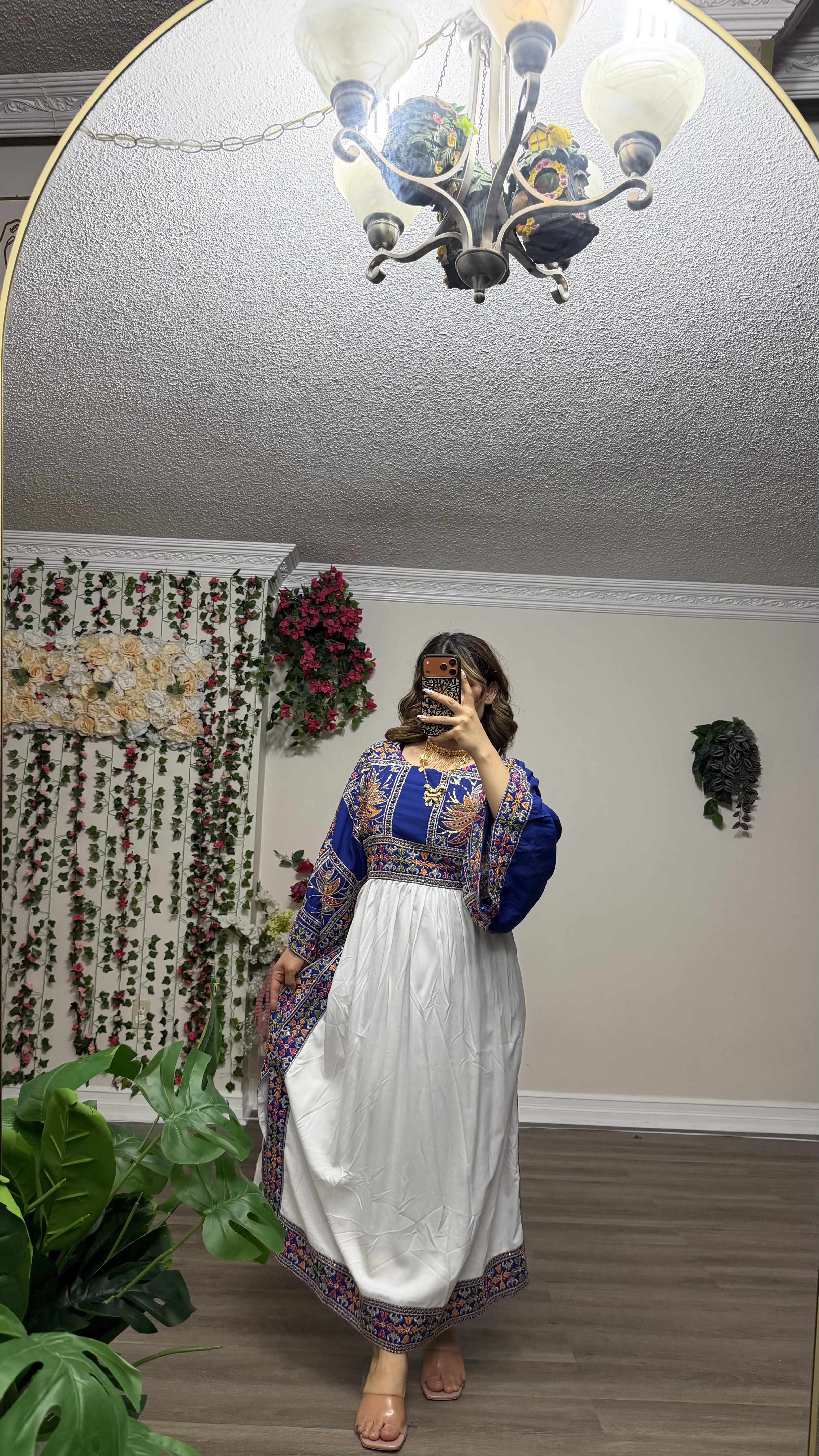 Traditional Mustard-Blue Cotton Midi Gown