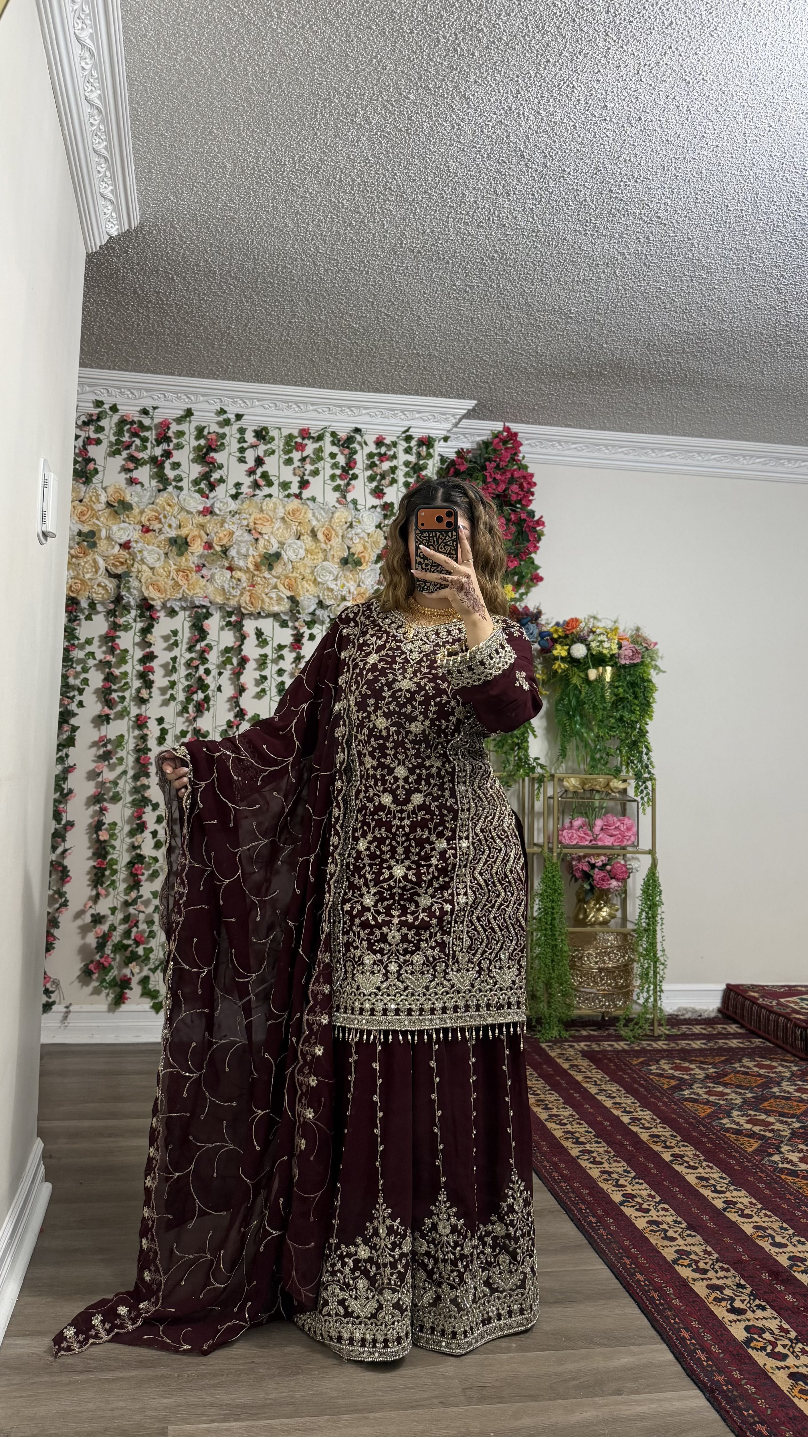 Festive Maroon Gharara 3-Piece Suit tilla embroidery