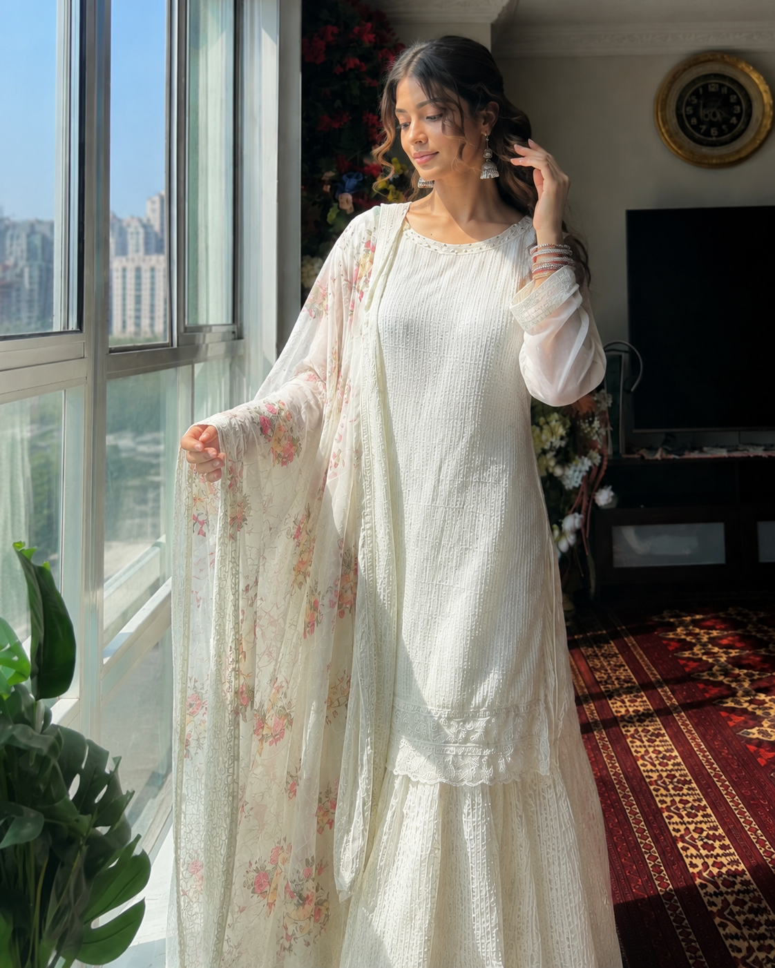 Ivory Embroidered 3-Piece Sharara Set