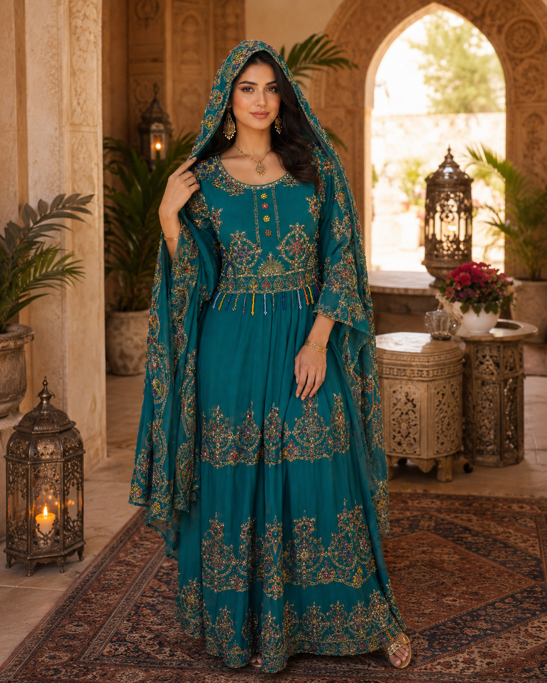 Shahbanu Teal Embroidered Cotton Dress