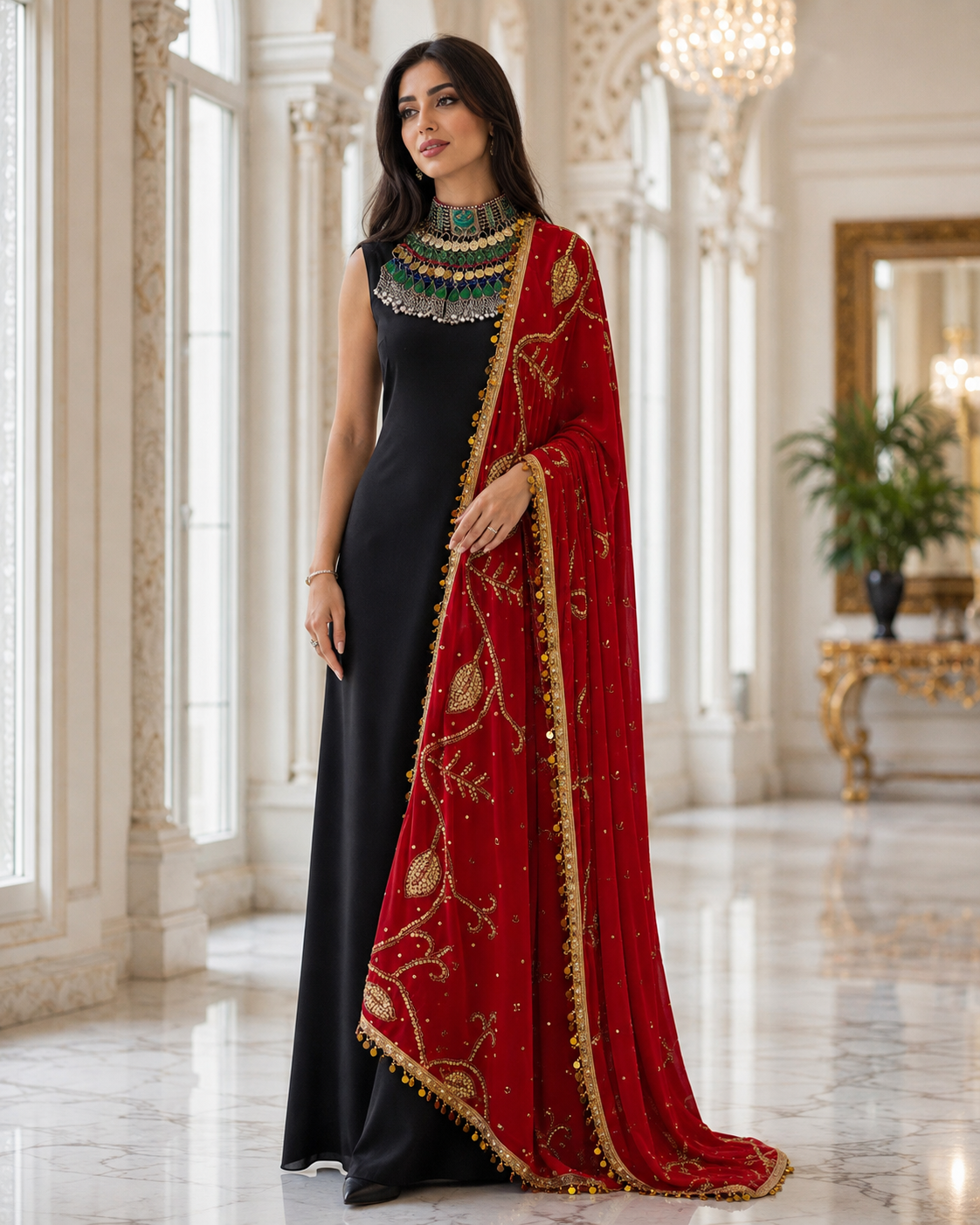 Handmade Red Embroidered Shawl